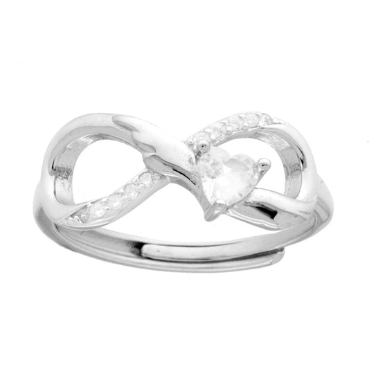 Unendlicher Herzring mit Herz aus weißem Cubic Zirconia, in 925er Silber galvanisch rhodiniert. - MeinSchmuckShop
