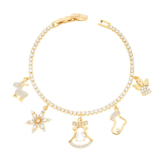 Tennisarmband mit hängenden Weihnachtsanhängern und weißen Kristallen aus Edelstahl in Goldfarbe - MeinSchmuckShop