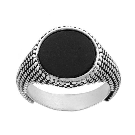 Ring Chevalier Mann Palliniert mit rundem Schild und schwarzem Onyxstein in 925er Silber, galvanisch rhodiniert - MeinSchmuckShop
