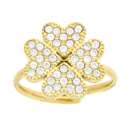 Vierblättriger Ring mit weißen Kristallen aus Edelstahl in Goldfarbe. - MeinSchmuckShop