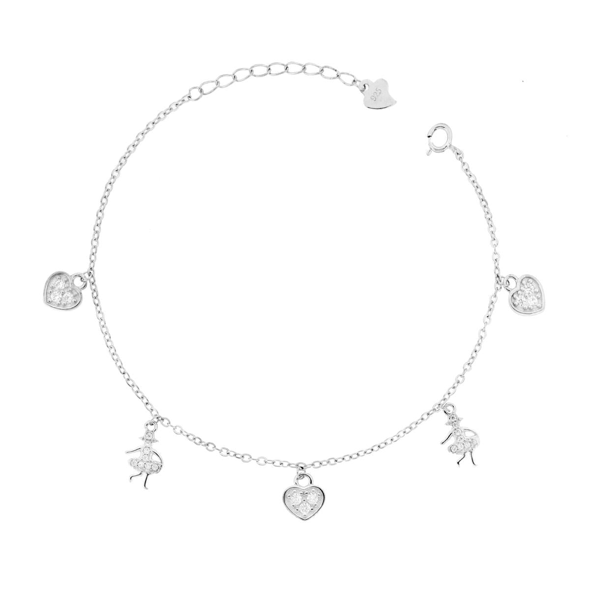 Armband Forzatina-Kette diamantiert mit Herzen und Ballerinen sowie weißen Cubic Zirconia in 925er Silber rhodiniert - MeinSchmuckShop
