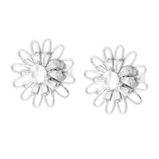 Ohrringe in Blütenform mit weißen Cubic-Zirkonien, trapezförmig, aus 925er Silber, rhodiniert - MeinSchmuckShop
