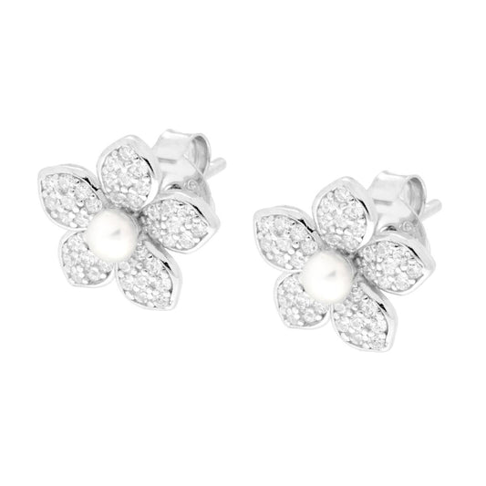 Ohrringe in Blütenform mit weißen Cubic Zirconia und Perle aus 925er Silber, galvanisch rhodiniert - MeinSchmuckShop