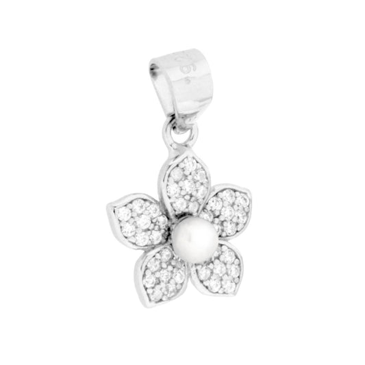 Blumenanhänger mit weißen Cubic Zirconia und Perle, Silber 925, rhodiniert - MeinSchmuckShop