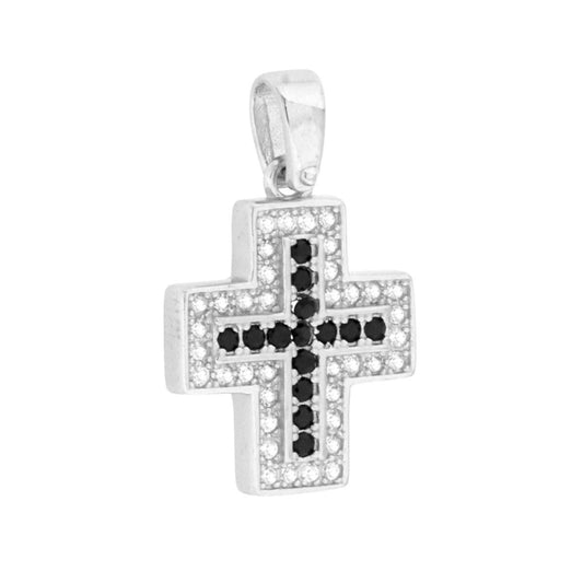 Kreuzanhänger mit schwarzen und weißen Cubic Zirconia in 925er Silber, galvanisch rhodiniert - MeinSchmuckShop