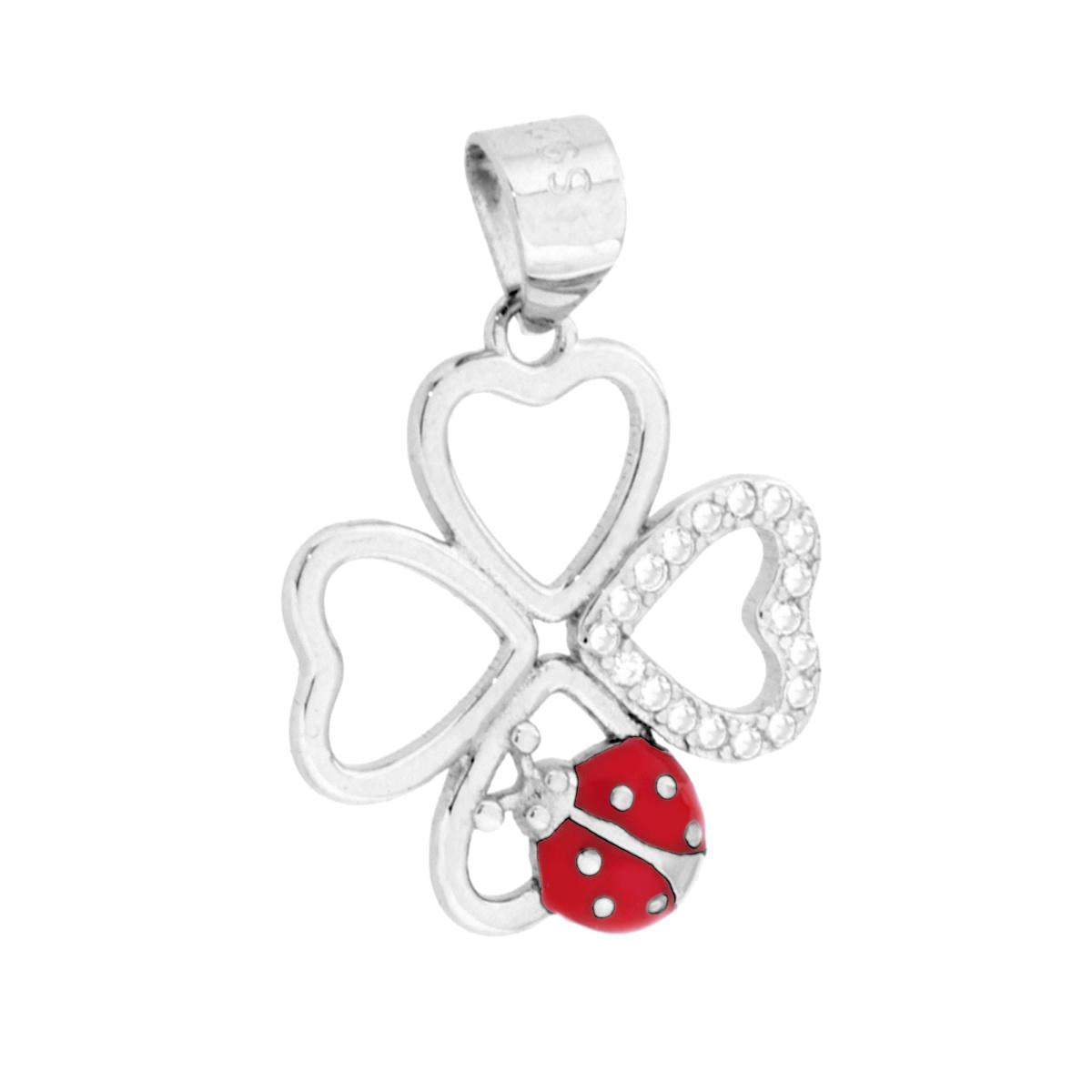 Anhänger Vierblättriges Kleeblatt und Marienkäfer, rote Emaille, Glücksbringer, mit weißen Cubic Zirconia, aus 925er Silber, rhodiniert - MeinSchmuckShop