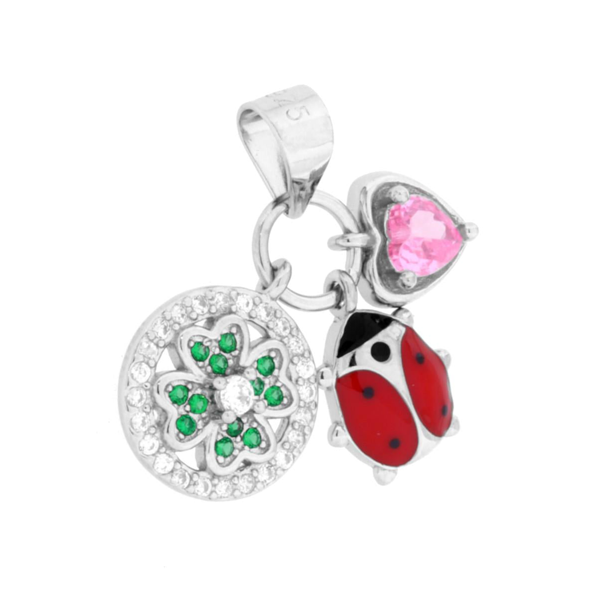 Trio-Anhänger mit Kleeblatt, Marienkäfer, roter Emaille und rosa Herz – Glücksbringer mit Cubic Zirconia in Smaragdgrün und Weiß, aus 925er Silber galvanisch rhodiniert. - MeinSchmuckShop