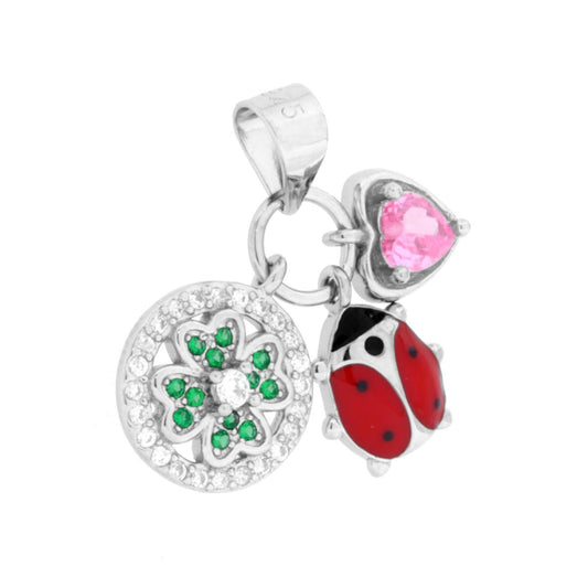Trio-Anhänger mit Kleeblatt, Marienkäfer, roter Emaille und rosa Herz – Glücksbringer mit Cubic Zirconia in Smaragdgrün und Weiß, aus 925er Silber galvanisch rhodiniert. - MeinSchmuckShop