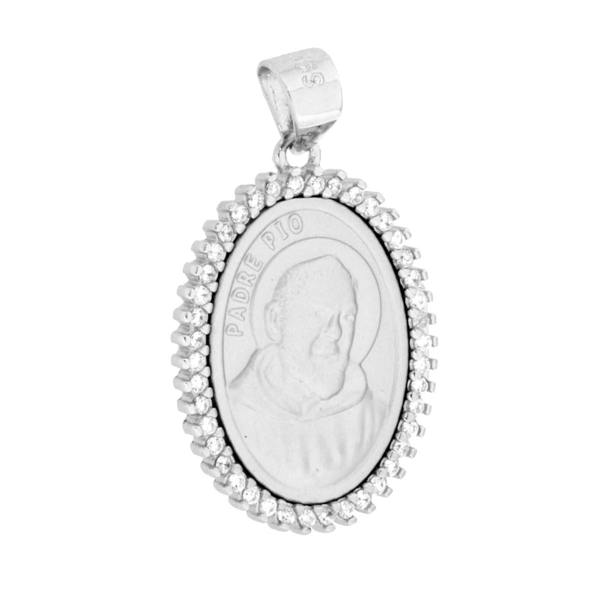 Anhänger Medaillon Padre Pio mit weißen Cubic Zirconia aus Sterlingsilber 925 rhodiniert - MeinSchmuckShop