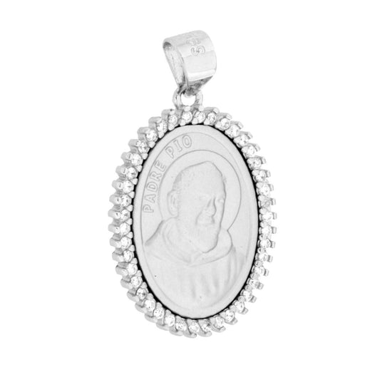 Anhänger Medaillon Padre Pio mit weißen Cubic Zirconia aus Sterlingsilber 925 rhodiniert - MeinSchmuckShop