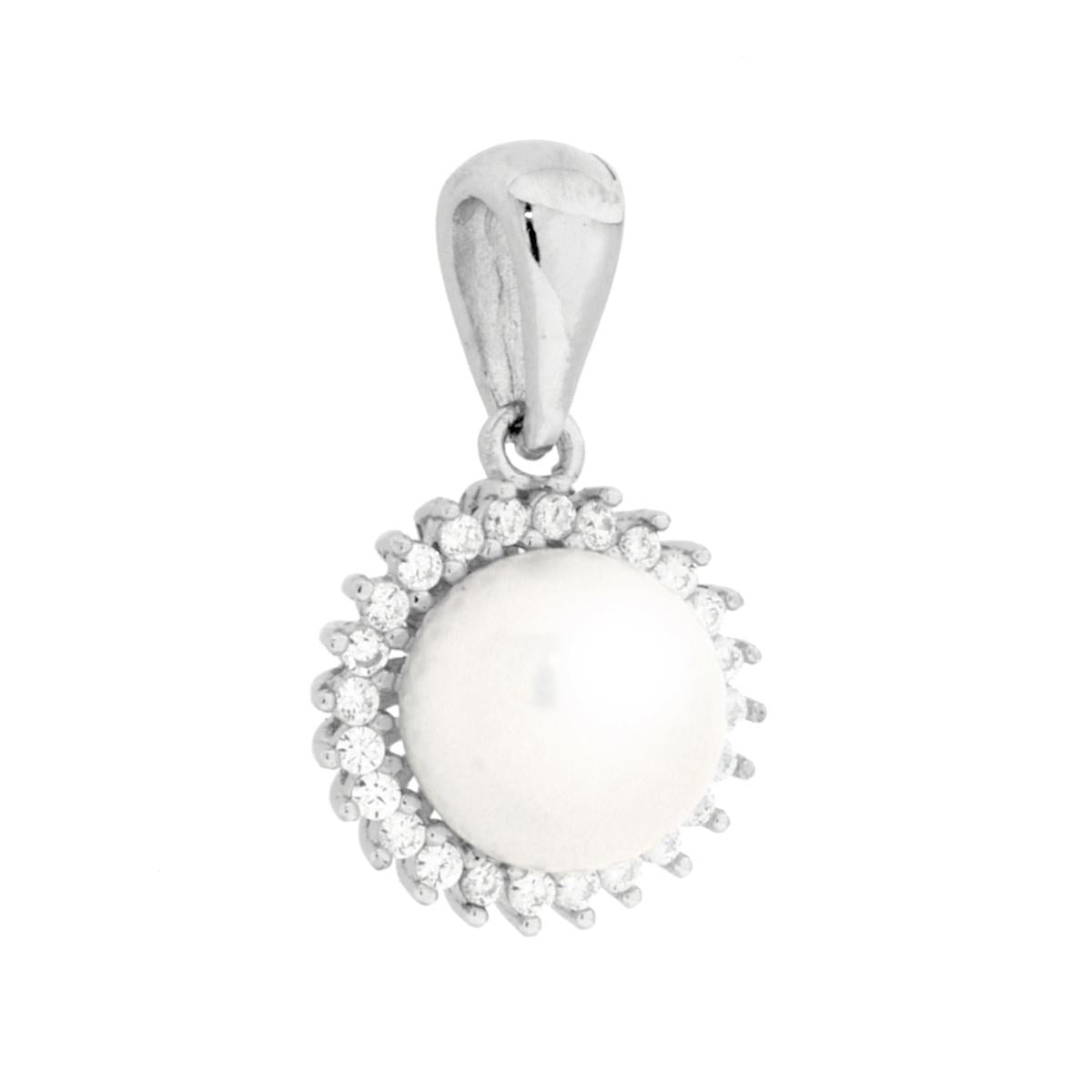 Anhänger Perle, von weißen Cubic Zirconia umrahmt, aus 925er Silber, rhodiniert galvanisch - MeinSchmuckShop