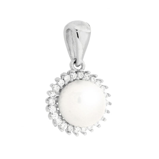 Anhänger Perle, von weißen Cubic Zirconia umrahmt, aus 925er Silber, rhodiniert galvanisch - MeinSchmuckShop