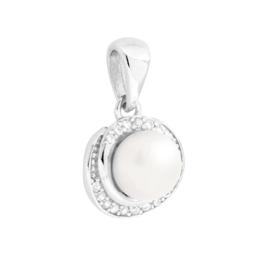 Anhänger mit einer Perle, umgeben von weißen Cubic-Zirkonien, aus 925er Silber rhodiniert - MeinSchmuckShop