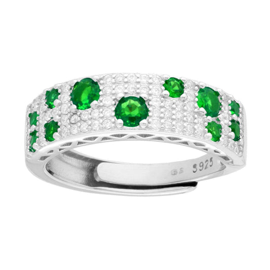Ring mit Band, besetzt mit weißen Cubic Zirconia und smaragdgrünen Steinen, Silber 925 rhodiniert. - MeinSchmuckShop