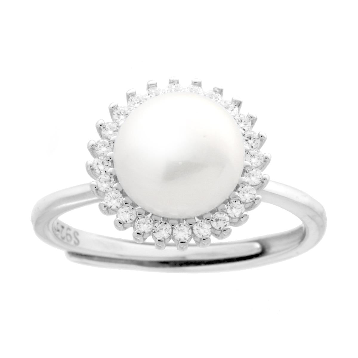 Ring mit Perle, umrahmt von weißen Cubic-Zirconia, rhodiniertes 925er Silber - MeinSchmuckShop