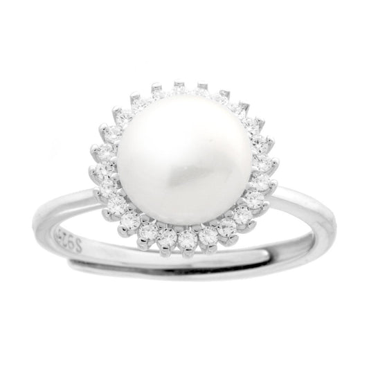 Ring mit Perle, umrahmt von weißen Cubic-Zirconia, rhodiniertes 925er Silber - MeinSchmuckShop
