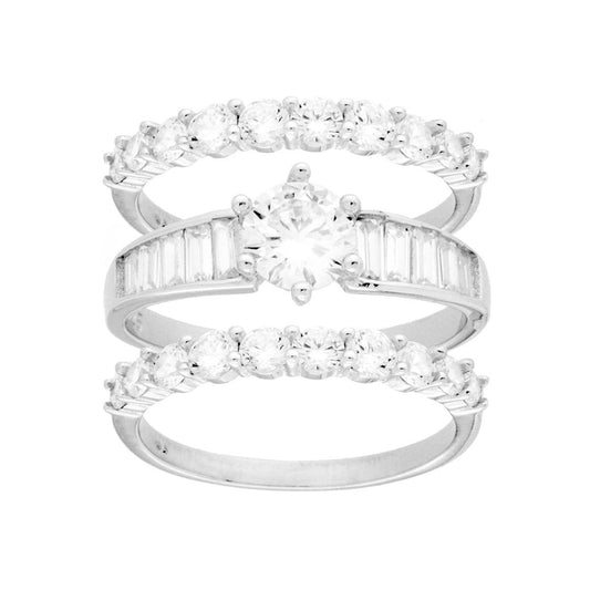 Doppel-Veretta-Ring und Solitärring mit weißen Cubic Zirconia in 925er Silber, galvanisch rhodiniert - MeinSchmuckShop