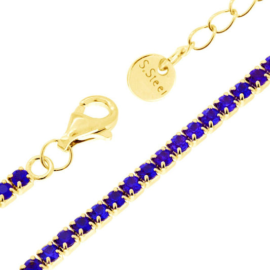 Tennisarmband Griffe cm 17+5 mit Kristall 2 mm Blau-Saphir aus Edelstahl goldfarben - MeinSchmuckShop