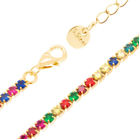 Tennisarmband Griffe cm 17+5 mit Kristall 2 mm Multicolor aus Edelstahl goldfarben - MeinSchmuckShop