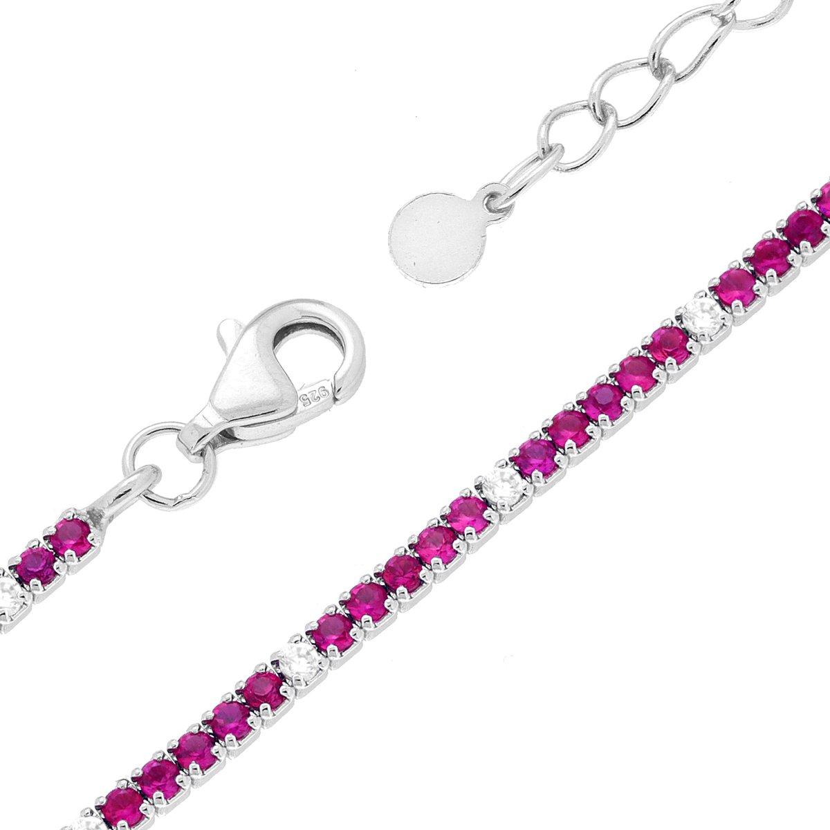 Tennisarmband mit Fassungen 16+3 cm, Zirkonia 1,5 mm, Rubinrot und Weiß abwechselnd, aus 925er Silber rhodiniert. - MeinSchmuckShop