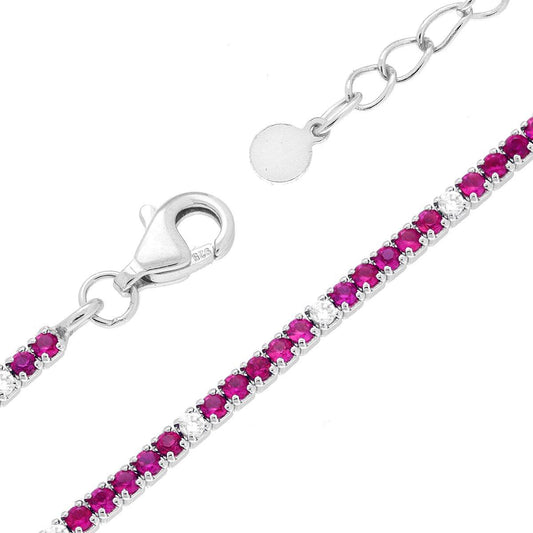 Tennisarmband mit Fassungen 16+3 cm, Zirkonia 1,5 mm, Rubinrot und Weiß abwechselnd, aus 925er Silber rhodiniert. - MeinSchmuckShop
