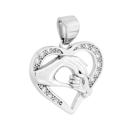 Herzanhänger mit Mutterhand und Babyhand, mit weißen Cubic Zirconia, aus 925er Silber galvanisch rhodiniert. - MeinSchmuckShop