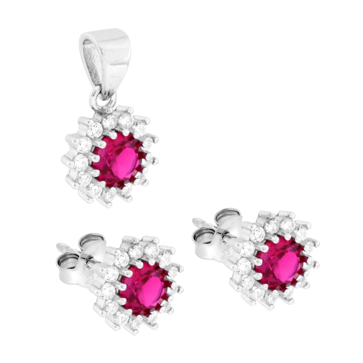 Schmuck-Set mit Ohrringen und Anhänger, runder Zirkon in rubinrot, umgeben von weißen Cubic Zirconia, aus Silber 925 rhodiniert - MeinSchmuckShop