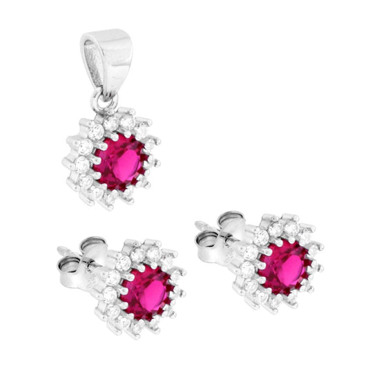 Schmuck-Set mit Ohrringen und Anhänger, runder Zirkon in rubinrot, umgeben von weißen Cubic Zirconia, aus Silber 925 rhodiniert - MeinSchmuckShop