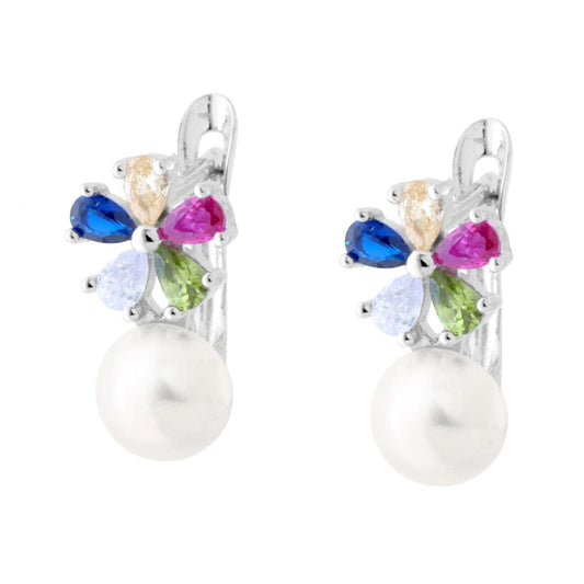 Englische Schnappverschluss-Ohrringe mit mehrfarbiger Cubic Zirconia-Blüte und Perle aus 925er Silber, rhodiniert - MeinSchmuckShop