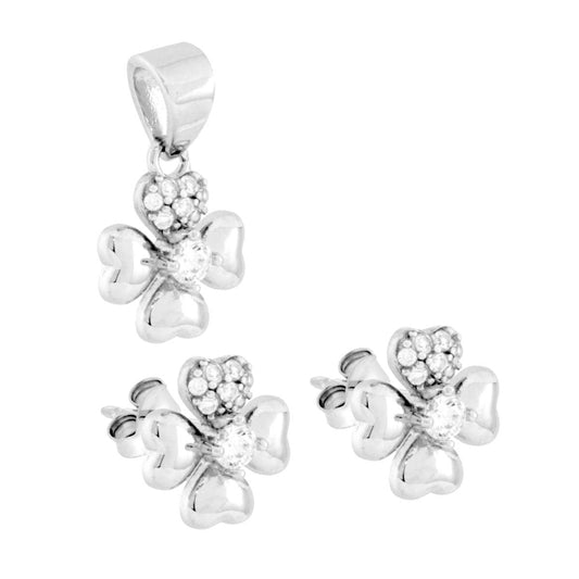Parureset Ohrringe und Anhänger Vierblättriges Kleeblatt mit weißen Cubic Zirconia, Silber 925, rhodiniert galvanisch - MeinSchmuckShop
