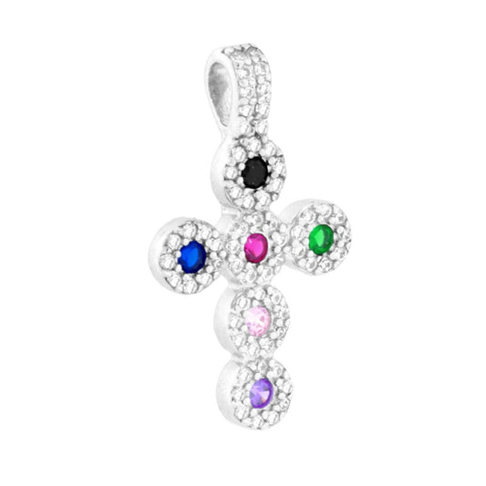 Kreuzanhänger mit mehrfarbigem Cubic Zirconia in 925er Silber, rhodiniert (galvanisch beschichtet). - MeinSchmuckShop