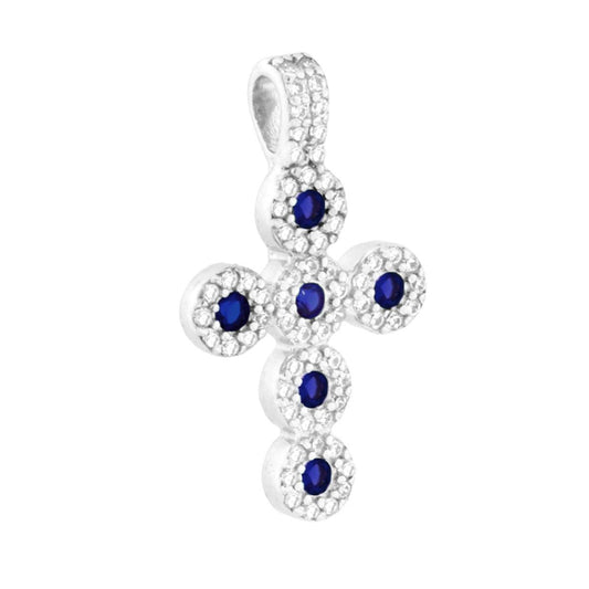 Kreuzanhänger mit blauem kubischem Zirkon in Saphirblau aus 925er Silber, rhodiniert galvanisch - MeinSchmuckShop