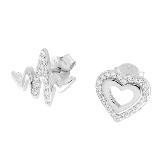 Asymmetrische Ohrringe Herz und Herzschlag mit weißen Cubic Zirconia aus 925er Silber, rhodiniert galvanisch - MeinSchmuckShop