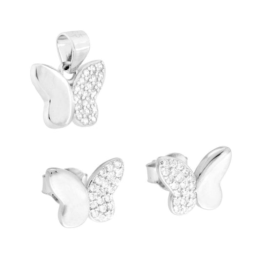 Schmuckset Ohrringe und Anhänger Schmetterling mit weißen Cubic Zirconia aus Silber 925, rhodiniert. - MeinSchmuckShop