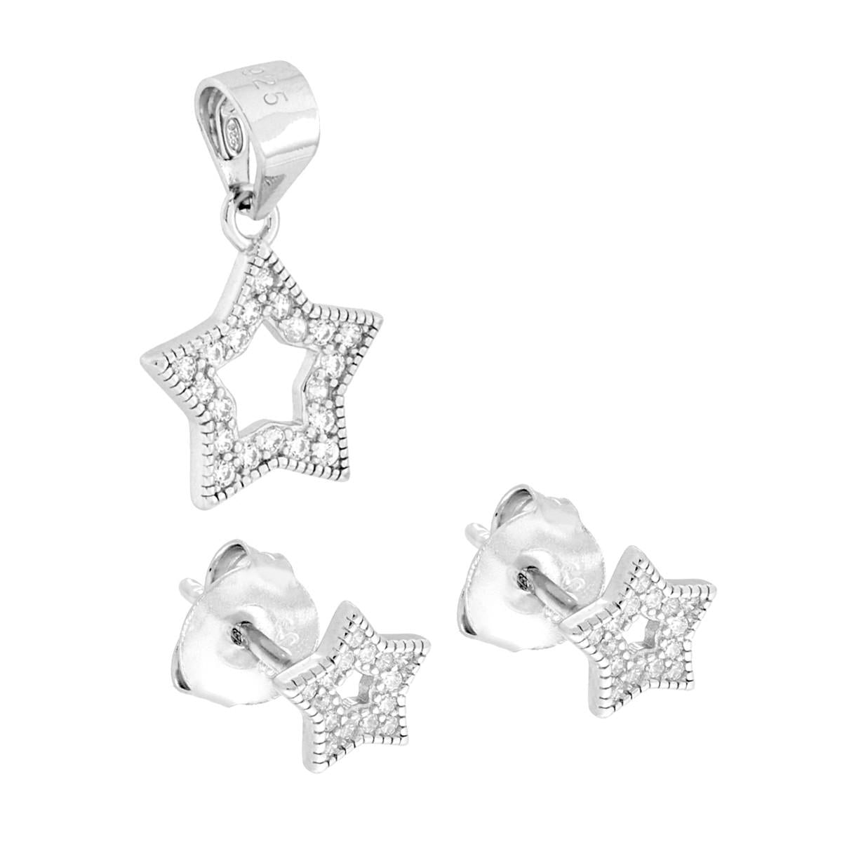 Schmuckset Ohrringe und Anhänger Stern mit weißen Cubic Zirconia, in 925er Silber rhodiumbeschichtet - MeinSchmuckShop