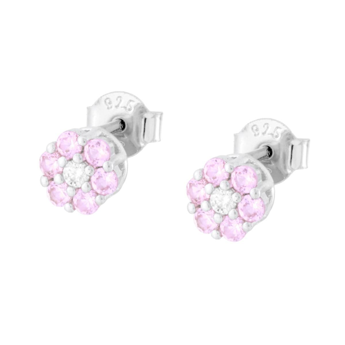 Blumen-Ohrstecker mit rosa und weißen Cubic-Zirconia aus 925er Silber, rhodiniert. - MeinSchmuckShop