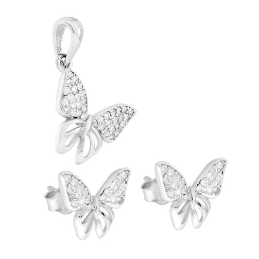 Parure-Set Ohrringe und Anhänger Schmetterling mit weißen Cubic Zirconia aus 925er Silber, galvanisch rhodiniert. - MeinSchmuckShop