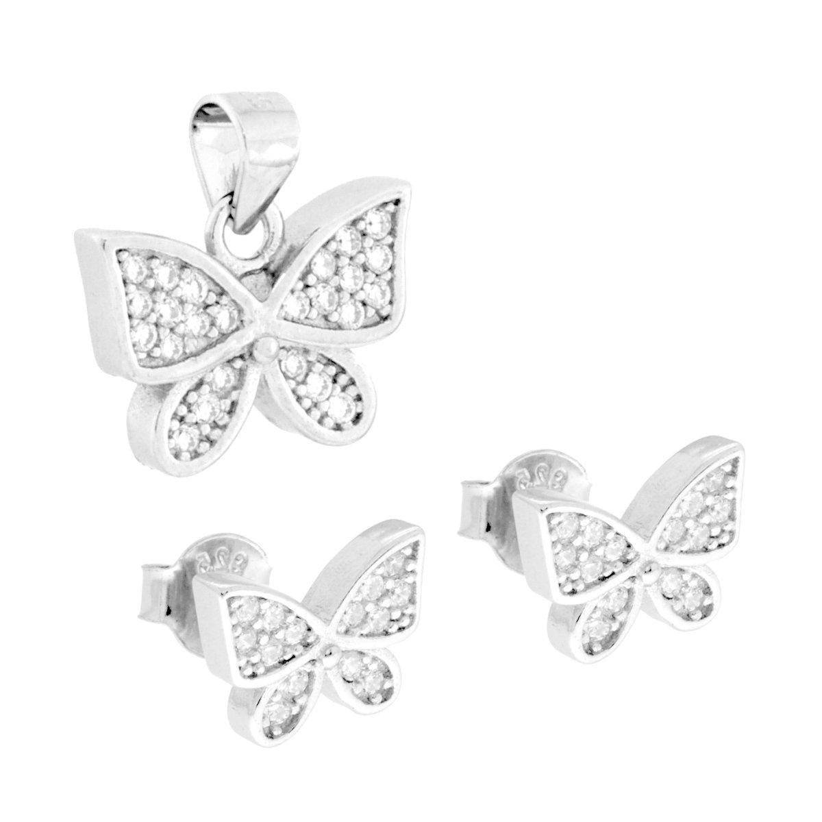 Parureset Ohrringe und Anhänger Schmetterling mit weißen Cubic Zirconia in Silber 925, rhodiumbeschichtet - MeinSchmuckShop