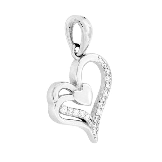 Herzanhänger mit kleinem Herz und weißen Cubic Zirconia, aus 925er Silber rhodiniert - MeinSchmuckShop