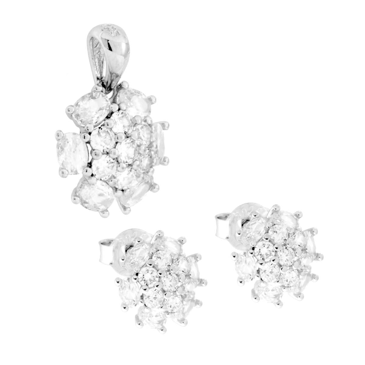 Parureset Ohrringe und Anhänger Blume mit weißen Cubic Zirconia in Silber 925 rhodiniert - MeinSchmuckShop