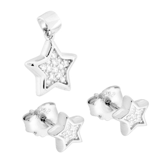 Schmuckset Ohrringe und Sternanhänger mit weißen Cubic-Zirkonien aus 925er Silber rhodiniert - MeinSchmuckShop