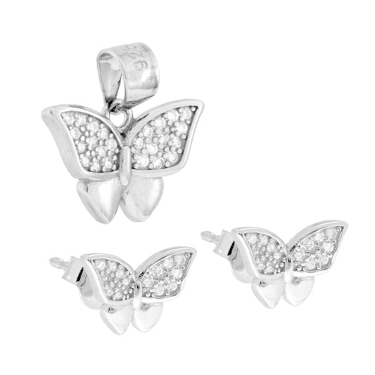 Schmuckset Ohrringe und Anhänger in Form eines Schmetterlings mit weißen Zirkonien aus 925er Silber rhodiniert - MeinSchmuckShop