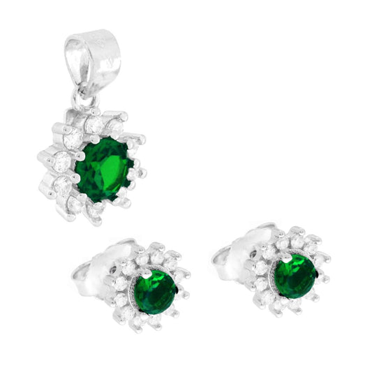 Schmuckset aus Ohrringen und Anhänger, runder Smaragdgrüner Stein, umgeben von weißen Cubic Zirconia, aus Silber 925 rhodiniert - MeinSchmuckShop