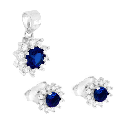 Schmuckset Ohrringe und Anhänger Rundblauer Saphir, von weißen Cubic Zirconia umgeben, in Silber 925 rhodiniert. - MeinSchmuckShop