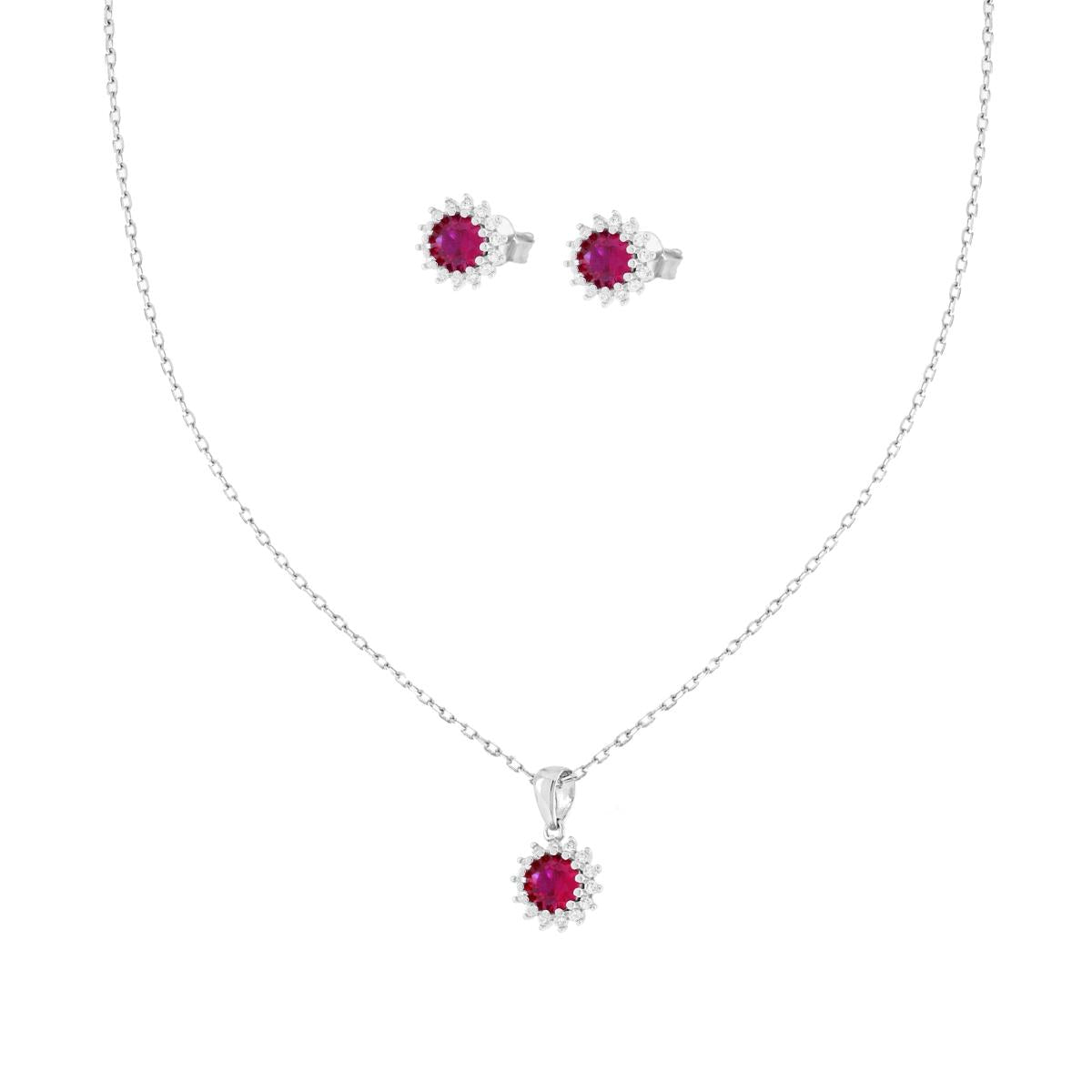 Schmuckset aus Ohrringen und Halskette, feine Kette, diamantiert, mit rotem Rubin-Rondell, das von weißen Cubic Zirconia umgeben ist, in 925er Silber rhodiniert - MeinSchmuckShop