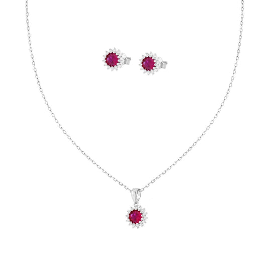 Schmuckset aus Ohrringen und Halskette, feine Kette, diamantiert, mit rotem Rubin-Rondell, das von weißen Cubic Zirconia umgeben ist, in 925er Silber rhodiniert - MeinSchmuckShop
