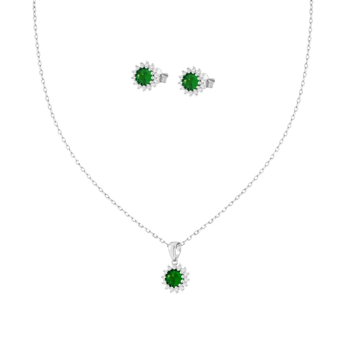 Schmuckset Ohrringe und Halskette Kette Forzatina diamantiert mit rundem grünen Smaragd, umgeben von weißen Cubic Zirconia in 925er Silber rhodiniert - MeinSchmuckShop