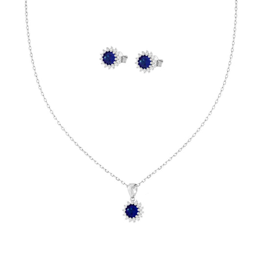 Schmuckset Ohrringe und Halskette, diamantierte Tondo mit blauem Saphir, umrahmt von weißen Cubic Zirconia, aus 925er Silber, rhodiniert - MeinSchmuckShop