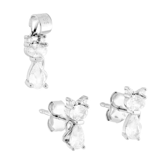 Parureset Ohrringe und Anhänger Katze mit weißen Cubic-Zirkonien in Silber 925, rhodiniert - MeinSchmuckShop