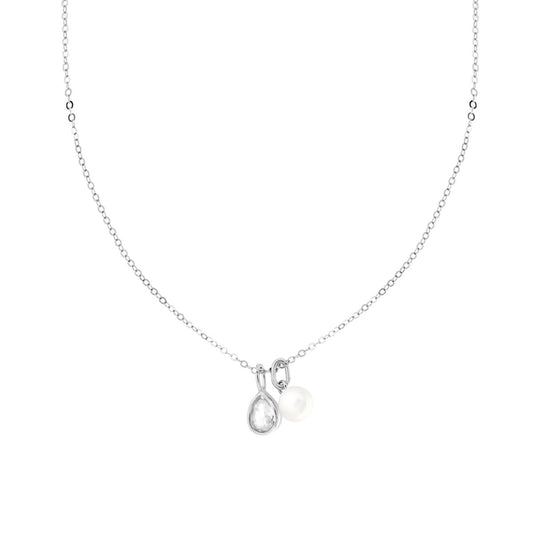 Halskette mit Ankerkette, diamantierte, mit Tropfen aus Cubic Zirconia, Weiß und Perle, Silber 925 rhodiniert - MeinSchmuckShop